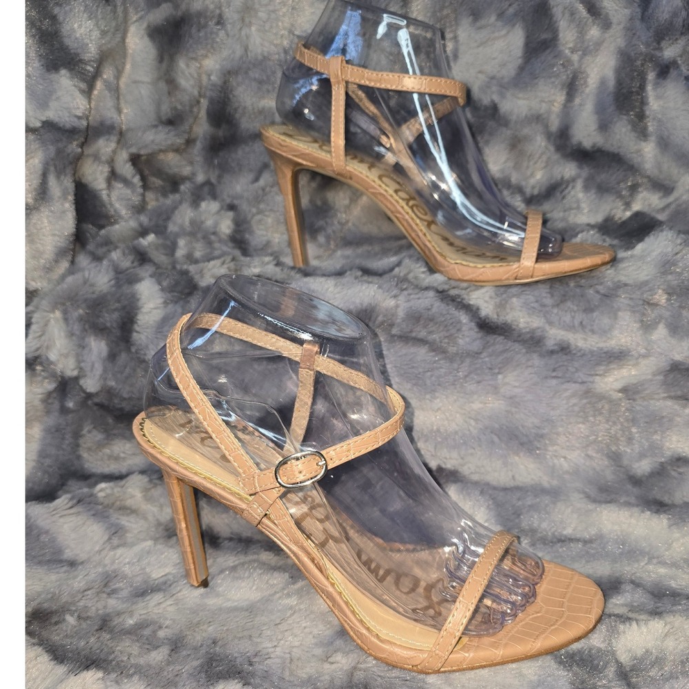 NWB Sam Edelman Dara Beige Croc Embossed Ankle Strap Stiletto Heels -‎ Size 8.5M
